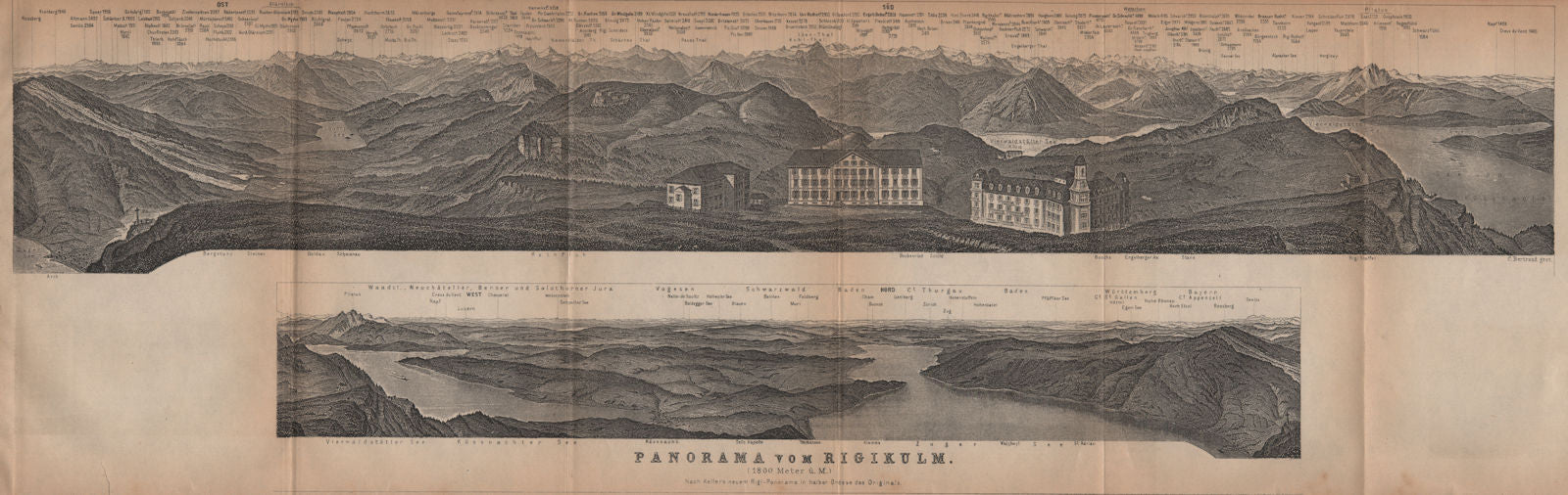 PANORAMA from/von RIGIKULM 1800m. Küssnacht. Switzerland Schweiz 1901 old map